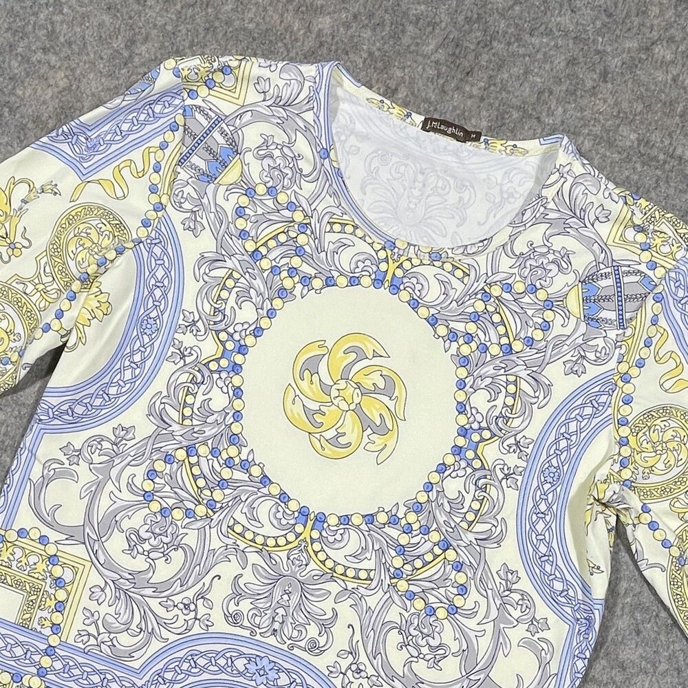 J. McLaughlin Top Blue Cream Yellow Print 3/4 Sleeve Size Medium